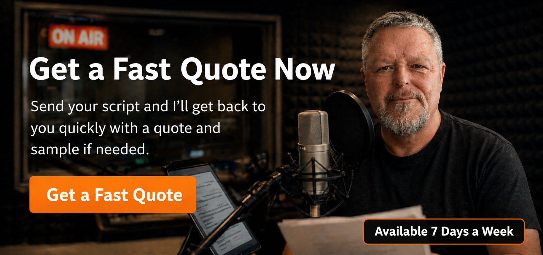 British Professional Voice Over Spencer Cork UK Based Professional British male voice over artist Spencer Cork in a recording studio wearing headphones and speaking into a microphone, with text promoting fast voice over quotes and quick turnaround services.