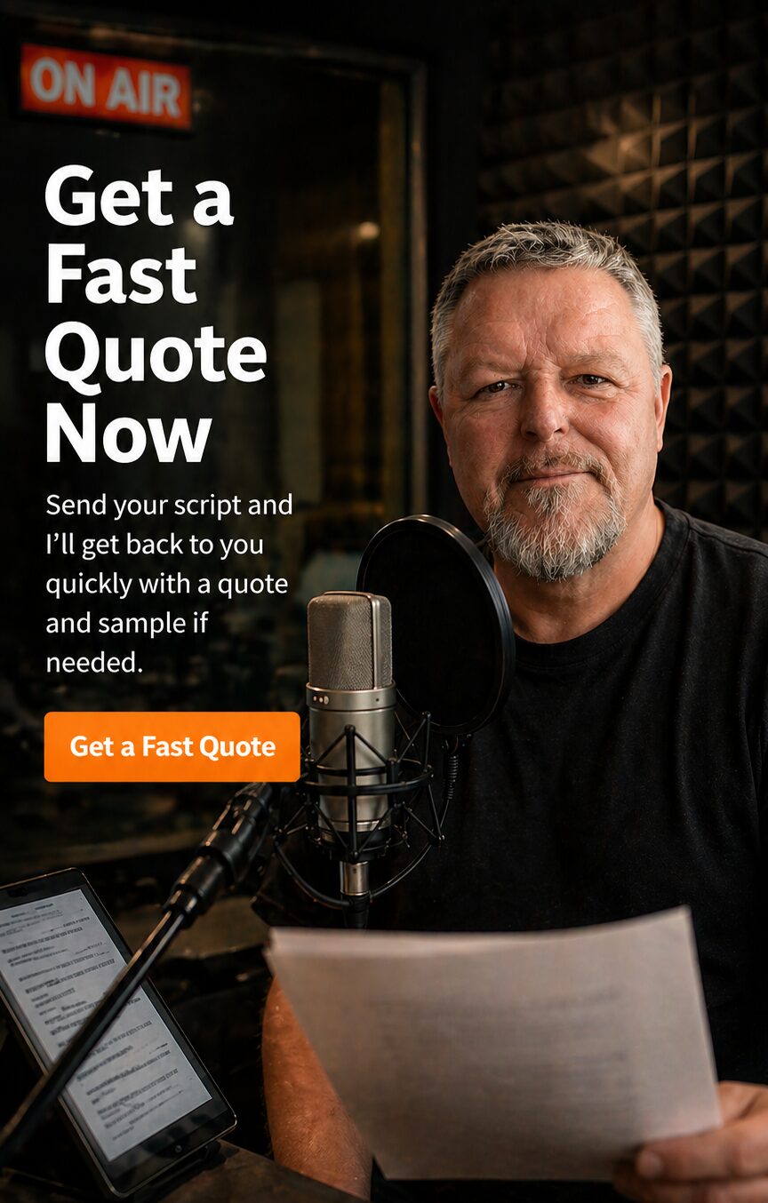 Professional UK voice over artist Spencer Cork in professional recording studio offering fast quotes for British voice over services Get a Fast Quote for your Voice Over Project Today !