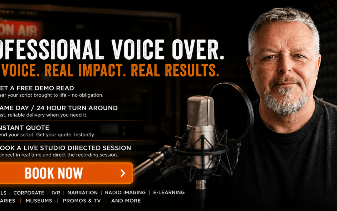 Professional British voice over artist Spencer Cork in a broadcast-quality recording studio with microphone and pop shield, offering free demo reads, instant quotes, same-day turnaround and live directed voice over sessions for commercials, corporate narration, IVR, radio imaging and e-learning projects.