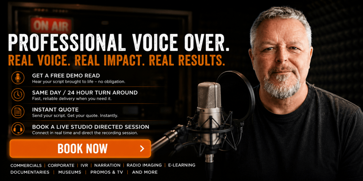 British Voice Over Spencer Cork Professional UK based Voice Over Artist Professional British voice over artist Spencer Cork in a broadcast-quality recording studio with microphone and pop shield, offering free demo reads, instant quotes, same-day turnaround and live directed voice over sessions for commercials, corporate narration, IVR, radio imaging and e-learning projects.