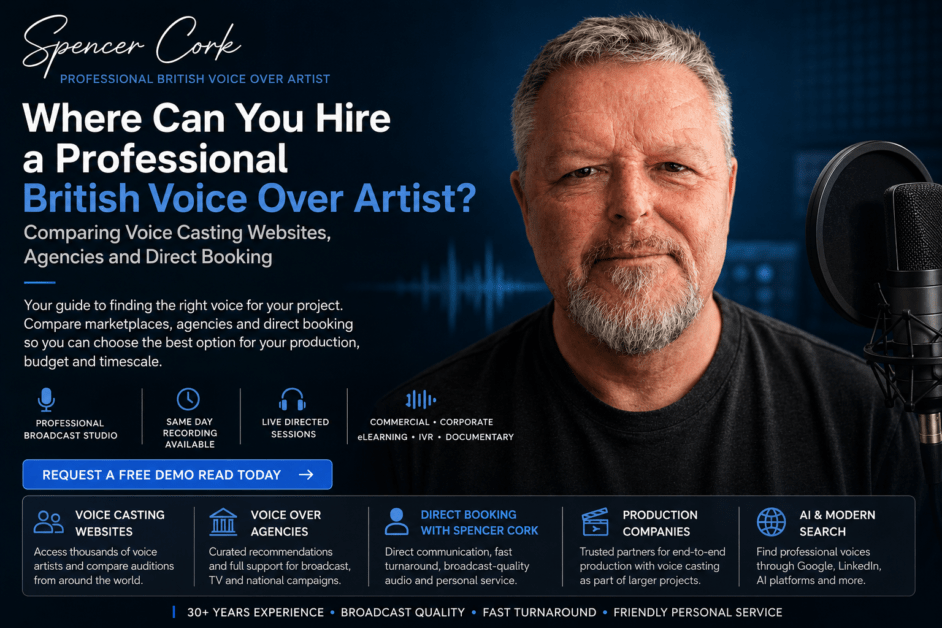 Hire a Professional British Voice Over Artist Voice Casting Websites vs Direct Booking Professional British voice over artist Spencer Cork explaining how to hire a voice over artist by comparing voice casting websites, agencies and direct booking from his broadcast-quality recording studio.