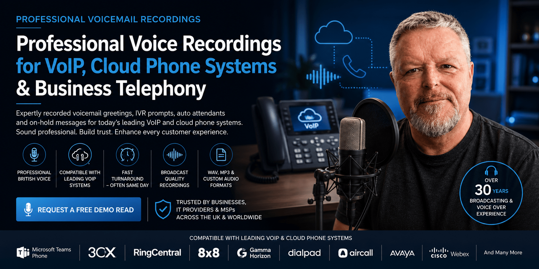 Discover professional voicemail recordings for modern VoIP and cloud phone systems. Learn how expertly recorded greetings improve customer experience and why businesses, telecom providers and MSPs choose Spencer Cork for broadcast-quality voicemail, IVR and auto attendant recordings.