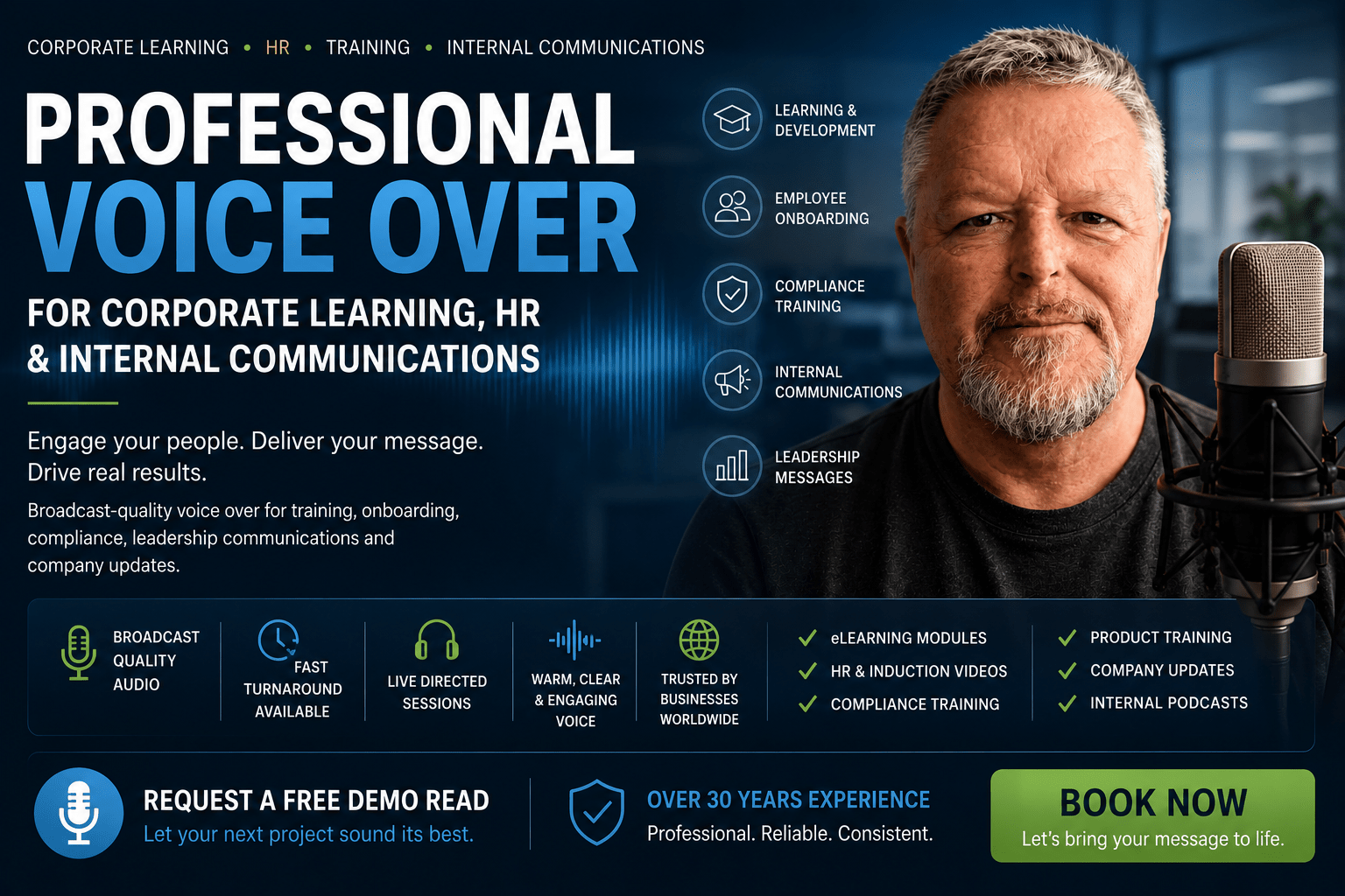 Professional British voice over for Learning & Development, HR and internal communications. Professional voice over services for corporate learning, HR, employee onboarding, compliance training and internal communications. Broadcast-quality narration for Learning Management Systems, training videos, leadership messages and employee engagement from Spencer Cork.