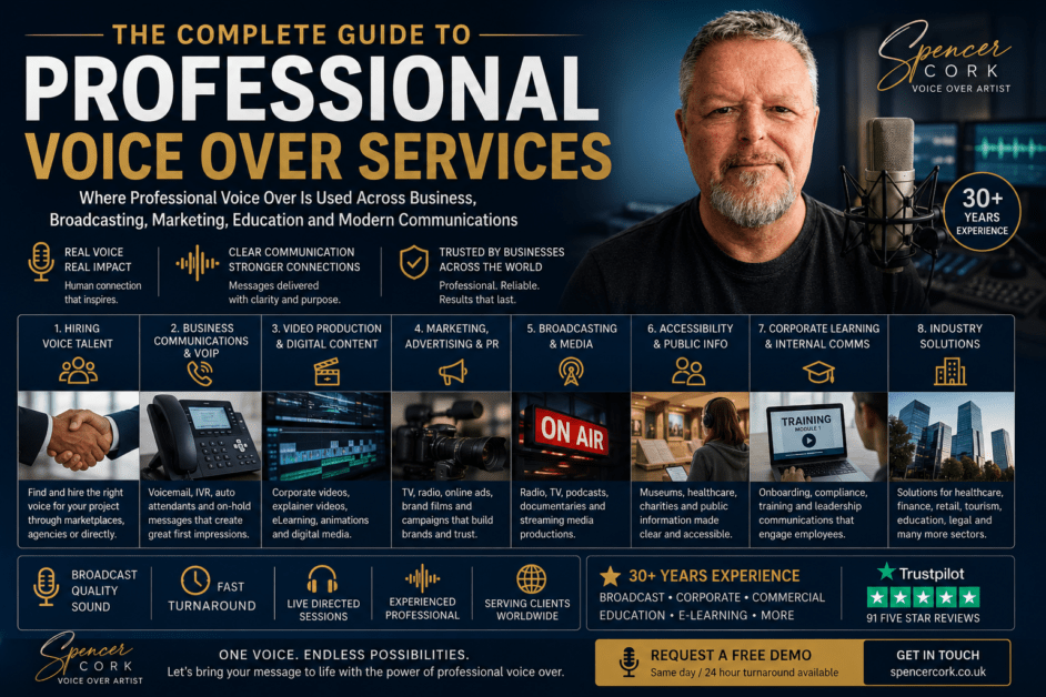 Professional Voice Over Services Explained Spencer Cork Discover where professional voice over is used across business, broadcasting, marketing, education, accessibility, customer communications and digital media. Explore expert guides from Spencer Cork.