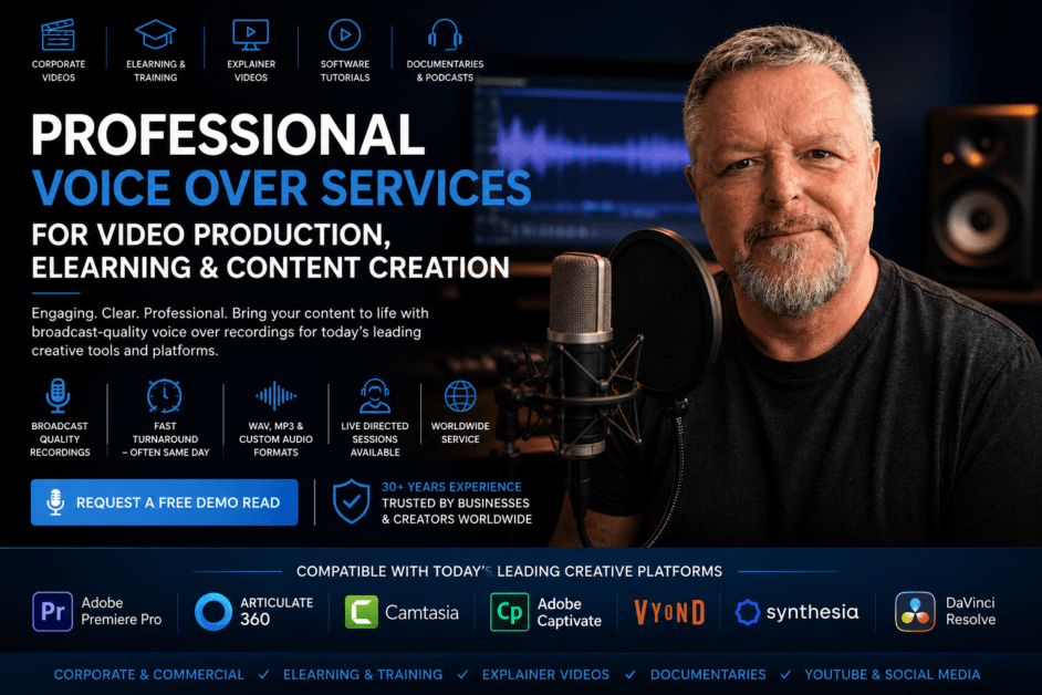 Professional Voice Over Services for Video Production, eLearning & Training Professional voice over services for corporate videos, eLearning, training, documentaries and digital content. Compatible with Adobe Premiere Pro, Articulate 360, Camtasia, Adobe Captivate, Vyond, Synthesia and more. Broadcast-quality recordings from Spencer Cork.