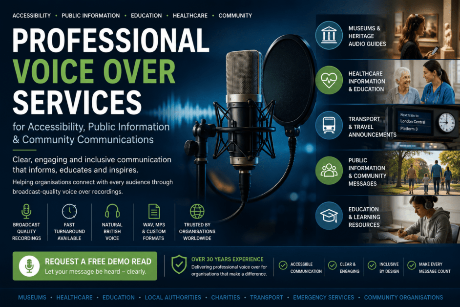 Professional voice over services for accessibility, public information, museums, healthcare, charities and education. Professional British voice over for museums, healthcare, charities, education and public information. Clear, engaging narration for audio guides, visitor experiences, accessibility resources, public service announcements and community communications.