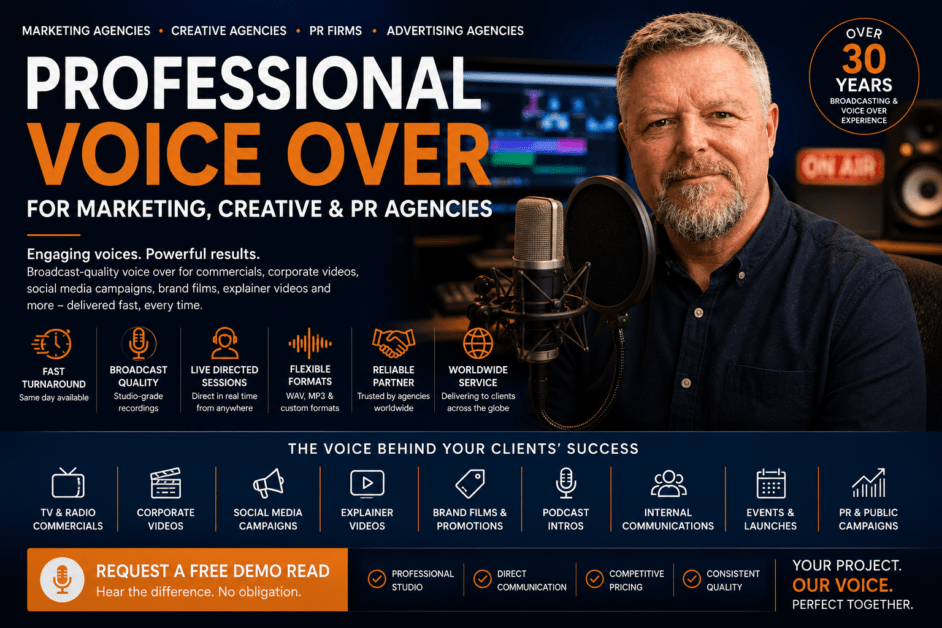 Professional voice over services for marketing, creative and PR agencies. Trusted narration for commercials, corporate communications, brand films, explainer videos and digital marketing campaigns. Helping marketing, creative and PR agencies deliver broadcast-quality voice over for commercials, corporate videos, social media campaigns, explainer videos and brand storytelling. Professional recordings, fast turnaround and direct communication from Spencer Cork.