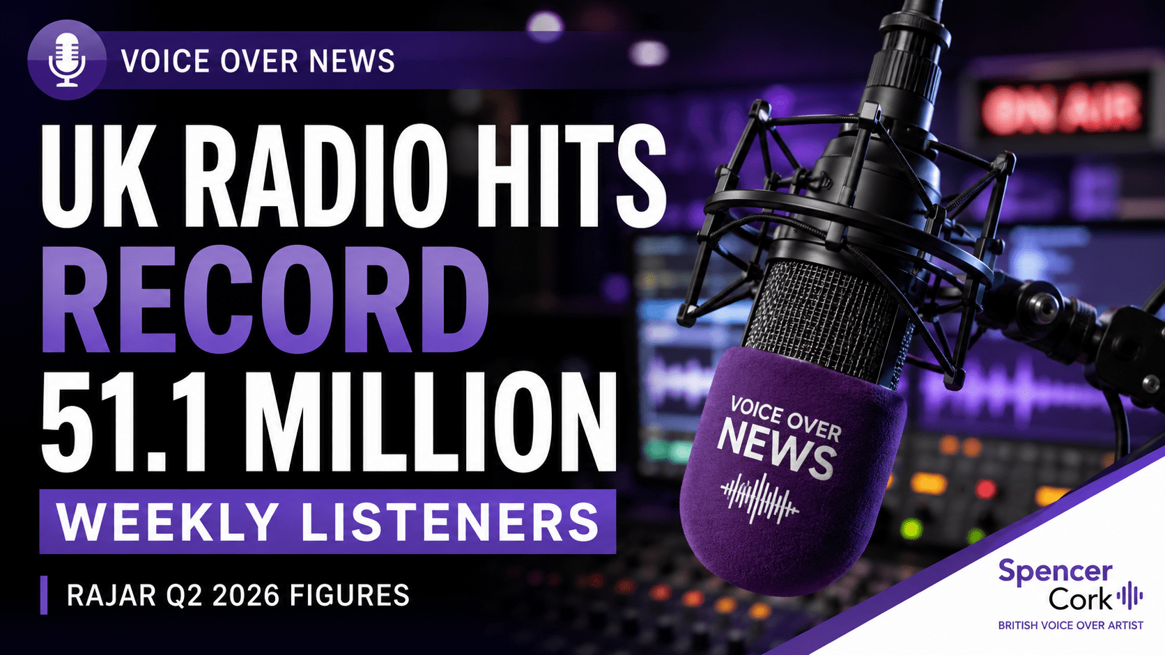 UK radio studio microphone representing record 51.1 million weekly listeners in RAJAR Q2 2026