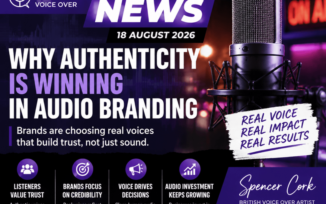 Spencer Cork Voice Over News thumbnail showing professional microphone and the importance of authentic brand voice communication